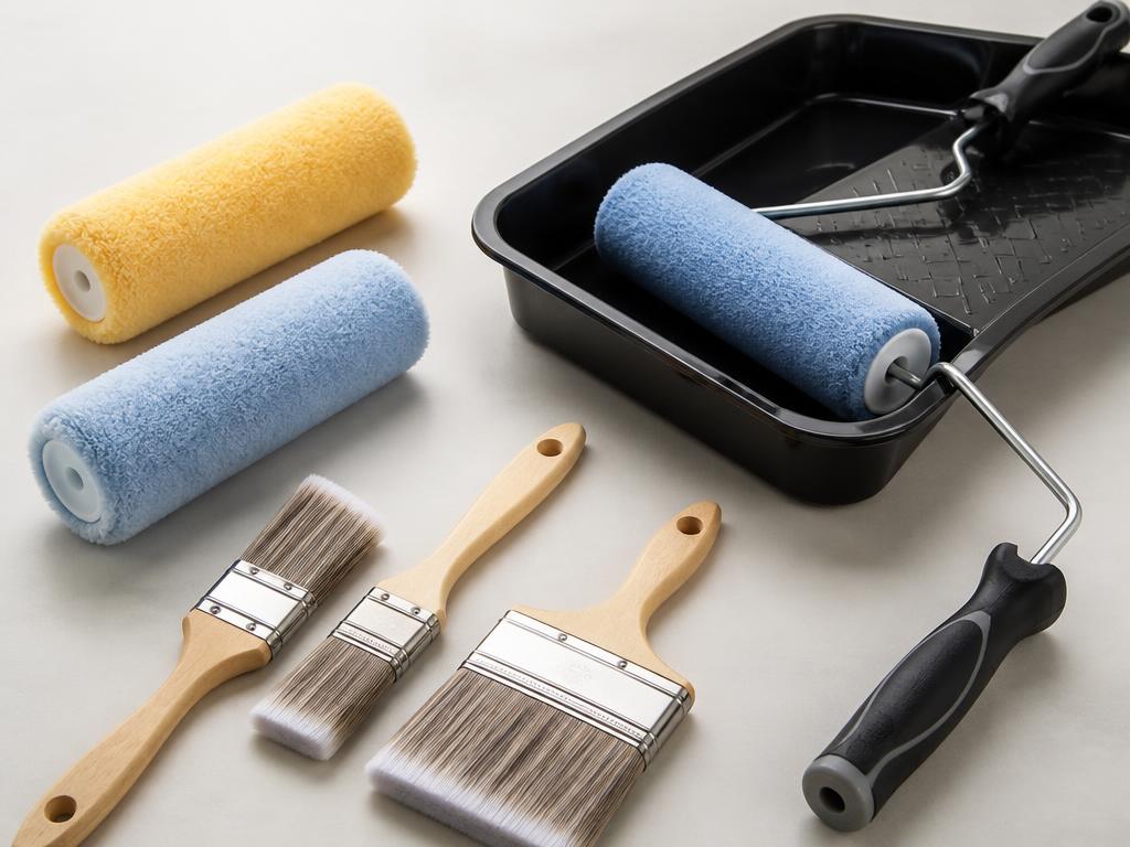 Clean paint rollers and brushes arranged with a tray