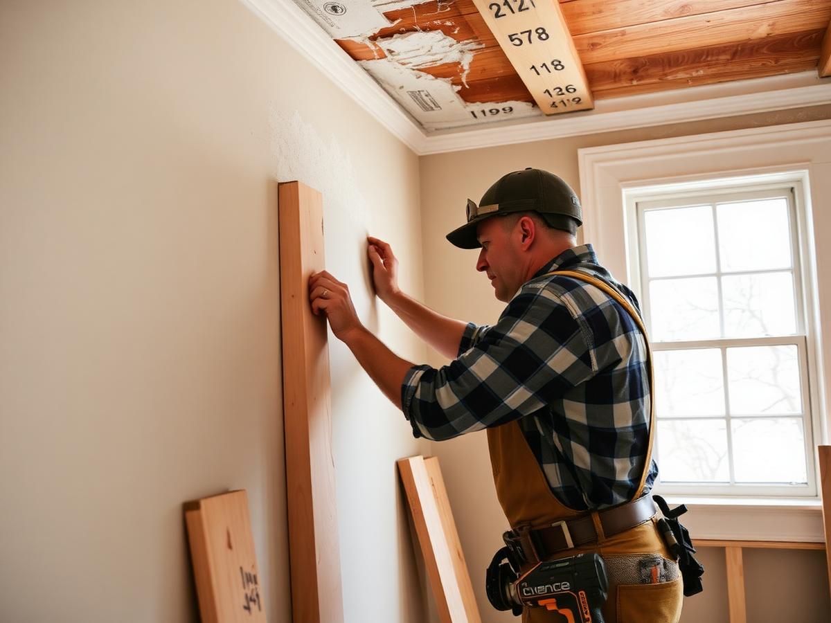 Contractor installing trim during a home renovation